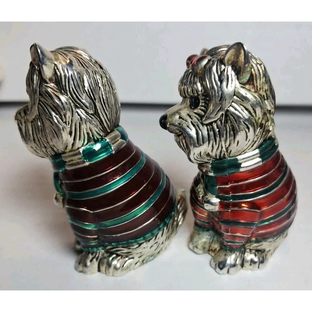 Yorkie Dogs Silver Metal Salt Pepper Shakers Green Red Enamel Sweaters Yorkshire